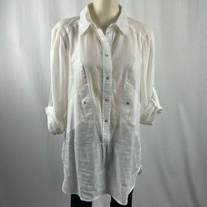 Linea Domani White Ramie Cotton Blend Collar Tunic Style Top with Pockets L